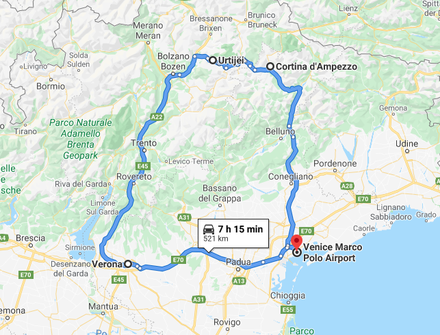 Map of Dolomites road trip